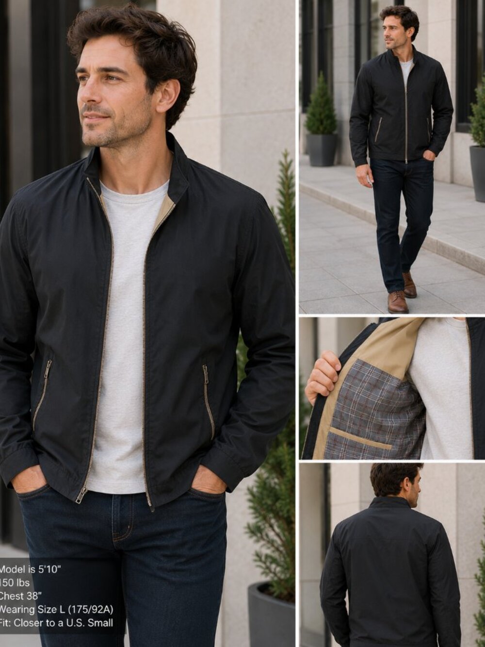 Men’s Black Lightweight Full Zip Plaid Lined Jacket Asian Size L 175/92A 19" P2P